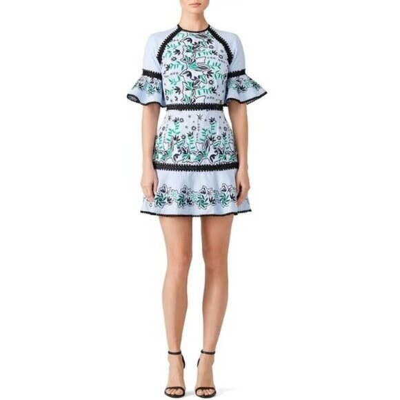 AMUR Embroidered Logan Pom Pom Trim Mini Dress Blue Floral Striped - Picture 2 of 9